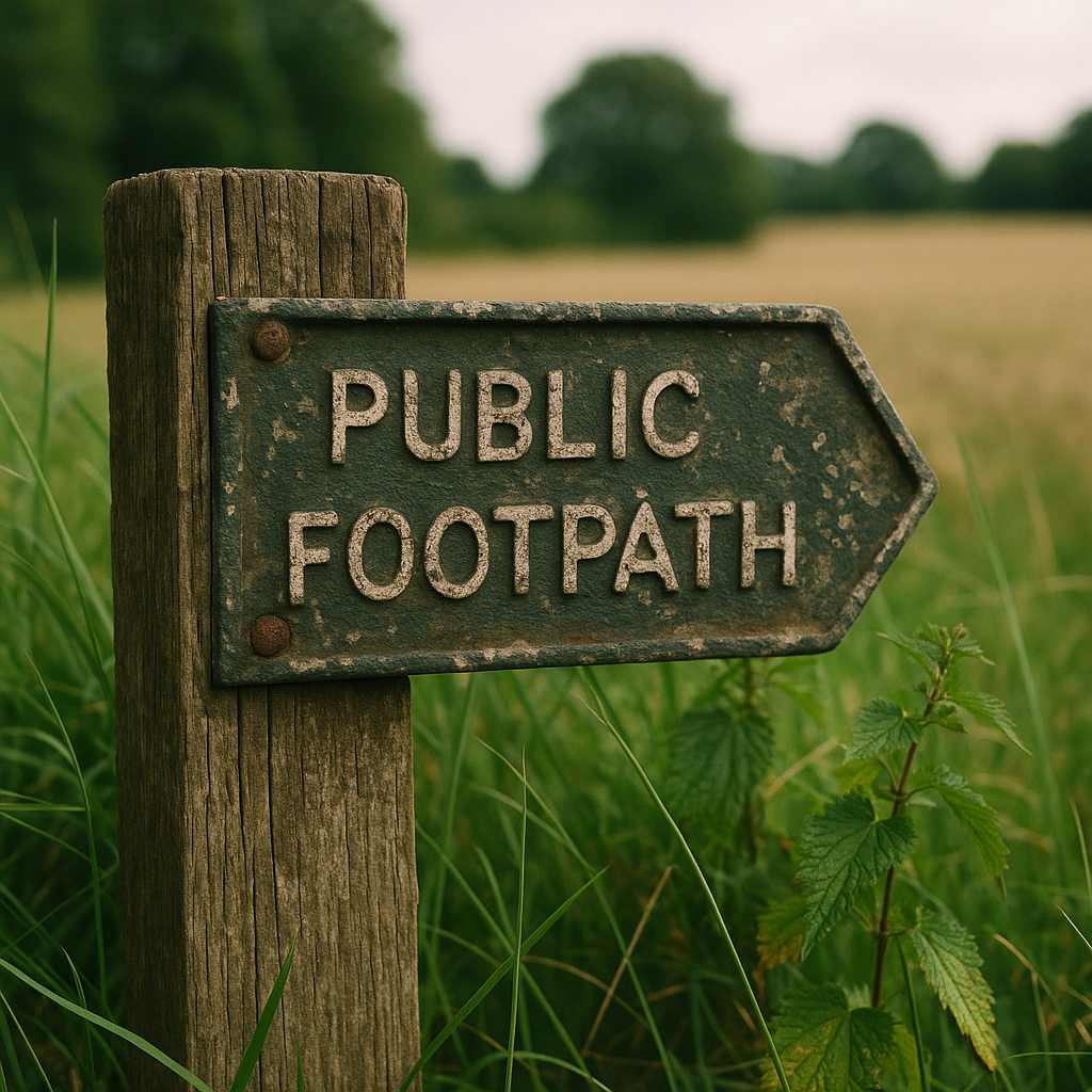 Close-up of a weathered public right of way sign on a footpath in the UK countryside