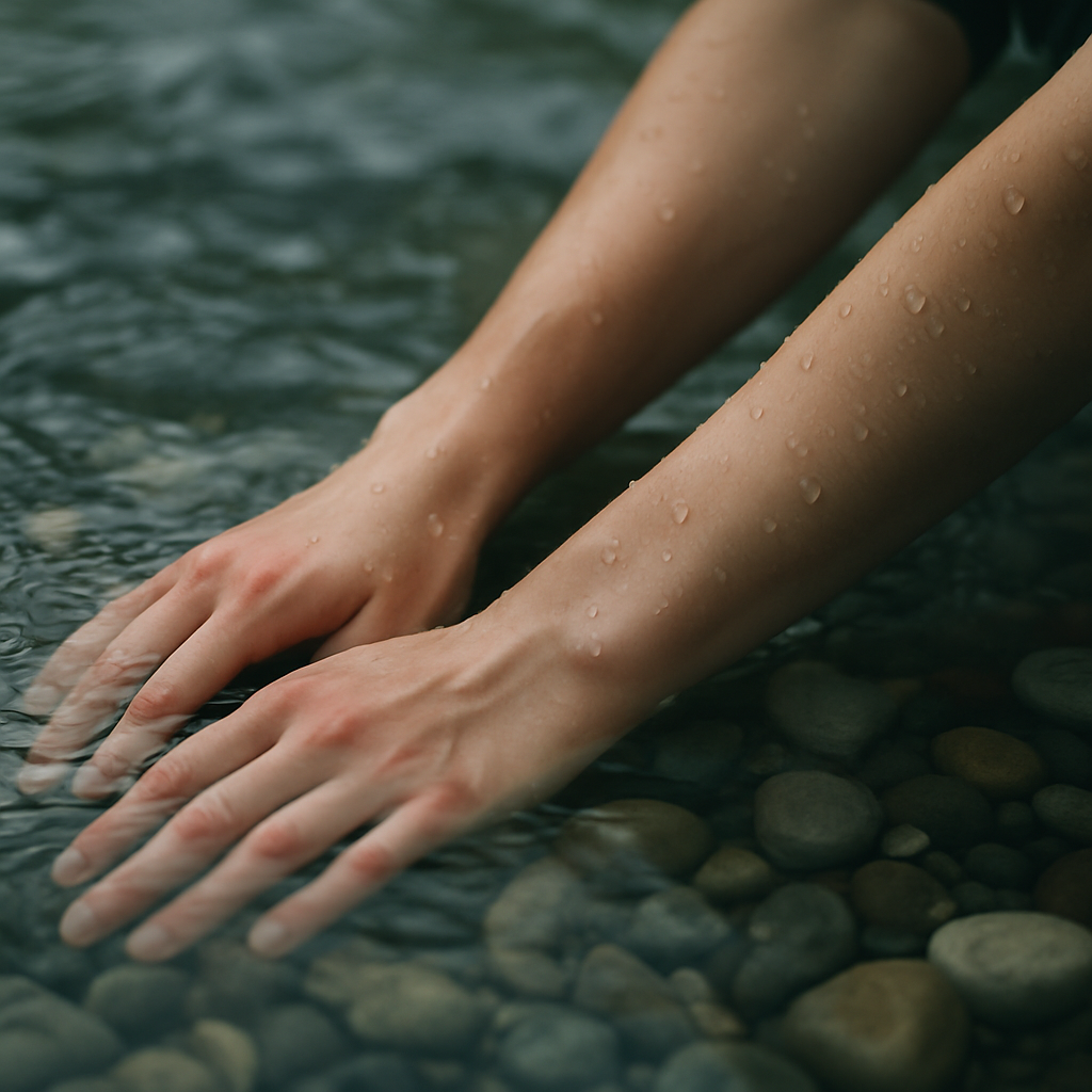 Close up of hands in cold clear river water relevant to cold water swimming UK beginners safety tips