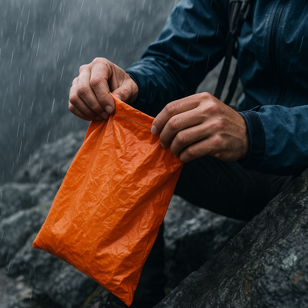 Emergency bivvy bag being unpacked on a mountain in a storm, essential mountain storm safety kit