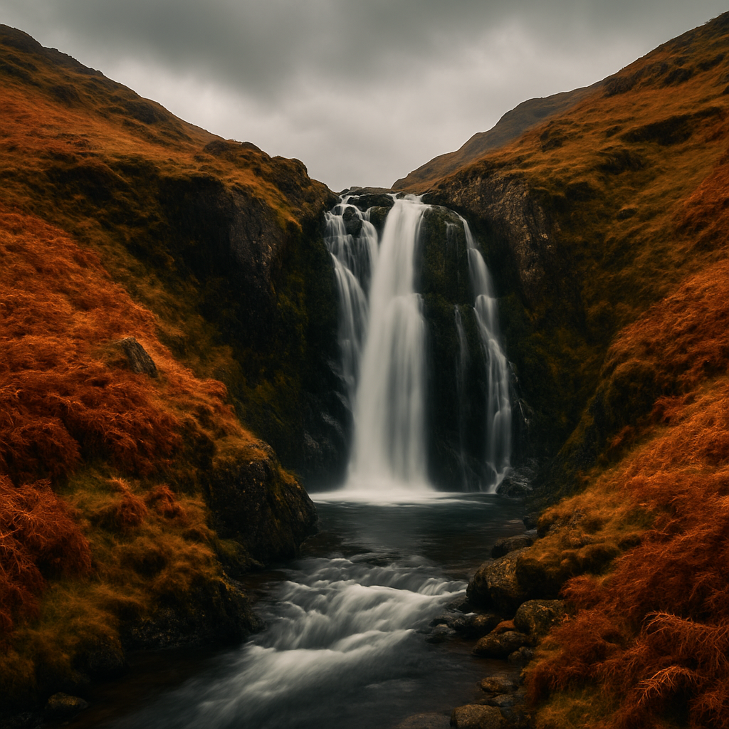 Hidden waterfall in the Lake District tumbling through mossy rocks in autumn