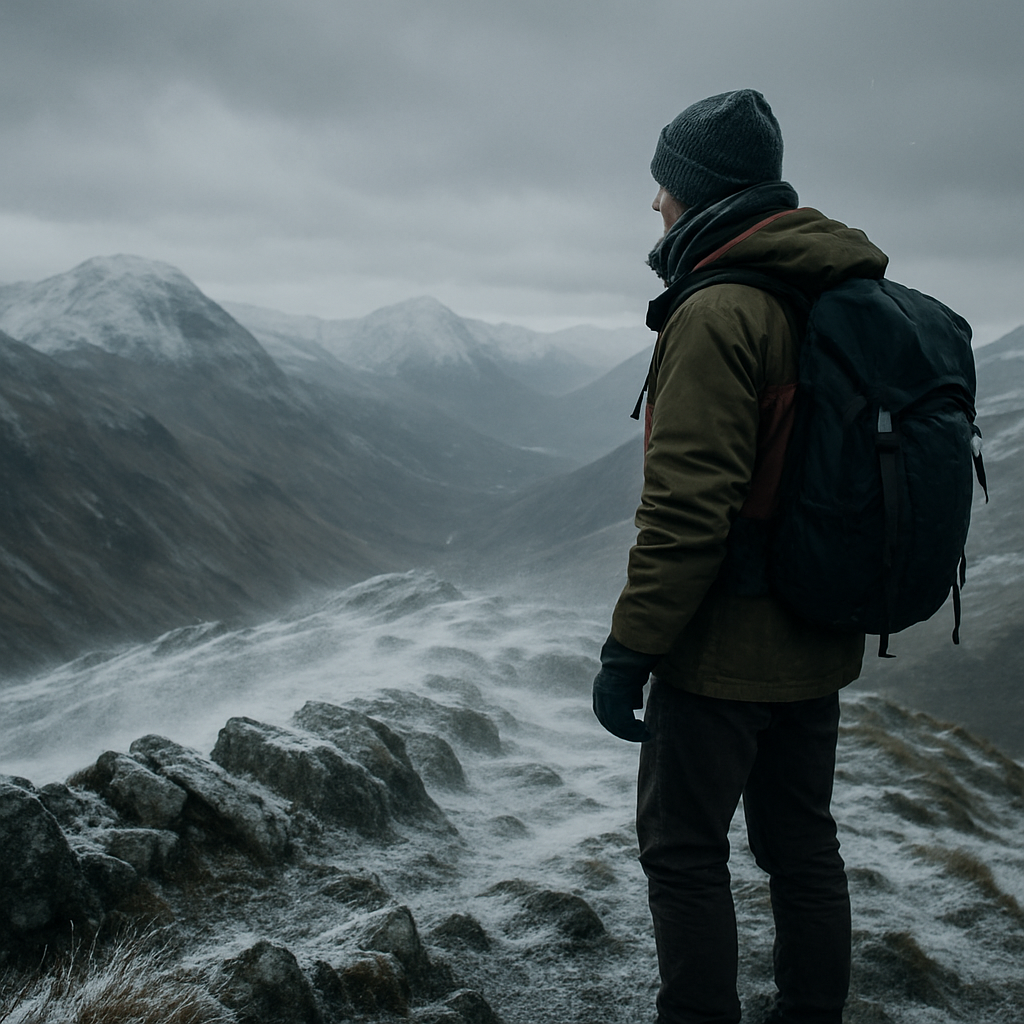 Hiker demonstrating the layering system for cold weather hiking on a snow-covered Scottish Highland ridge