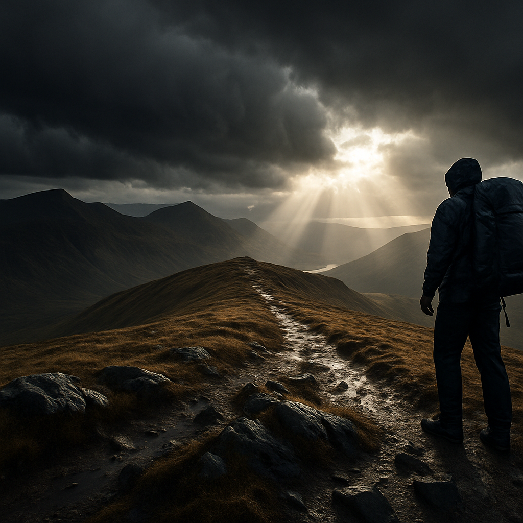 Hiker on exposed mountain ridge with storm clouds approaching, illustrating mountain storm safety