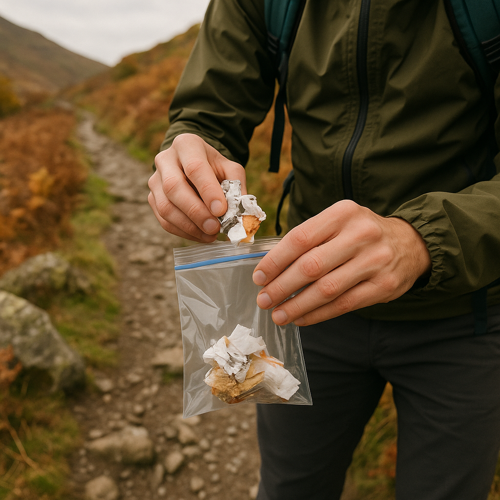 Hiker packing out waste as part of responsible hiking in the UK leave no trace principles