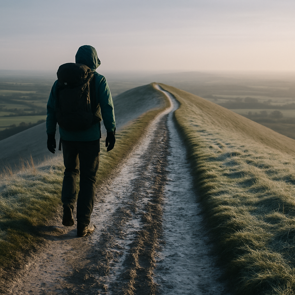 Lone hiker on a muddy South Downs Way winter walking route in early morning frost