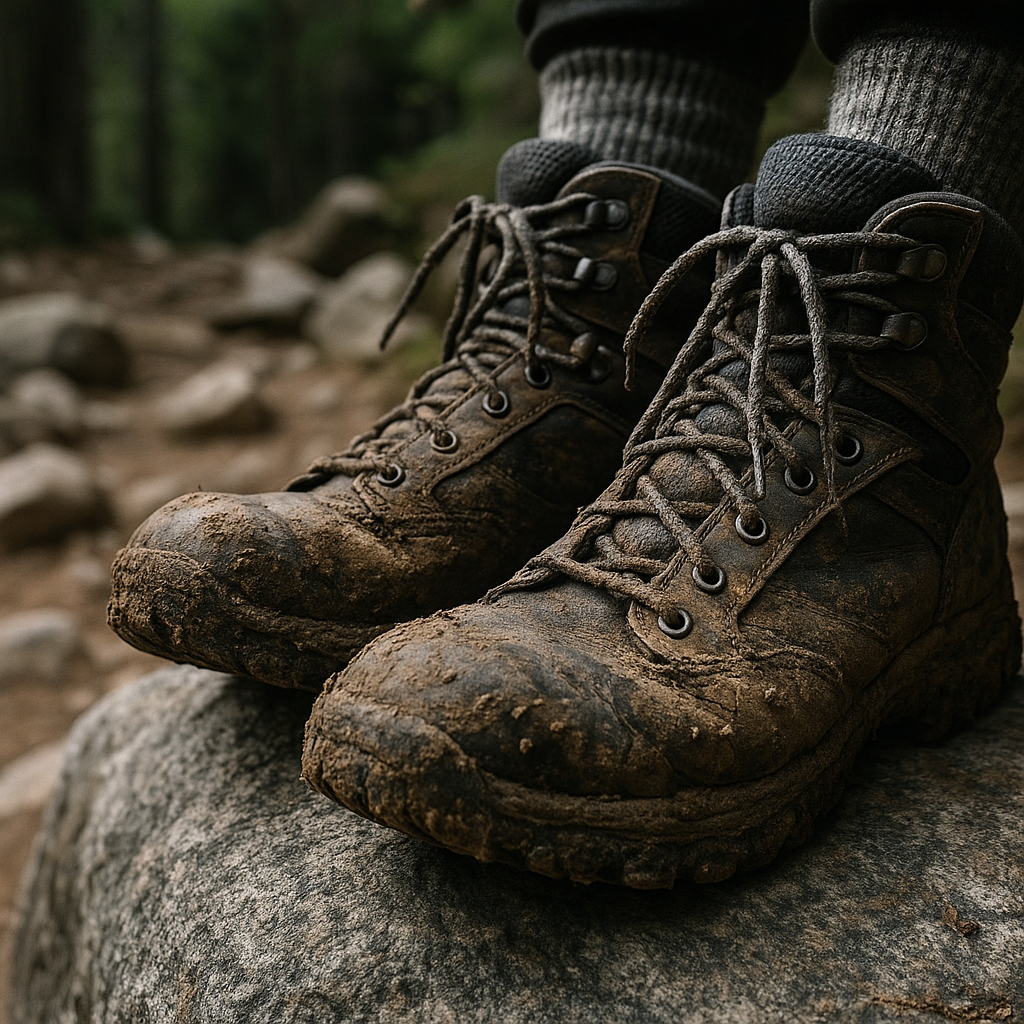 Muddy hiking boots on a boulder showing the wear of extreme long distance hiking trails