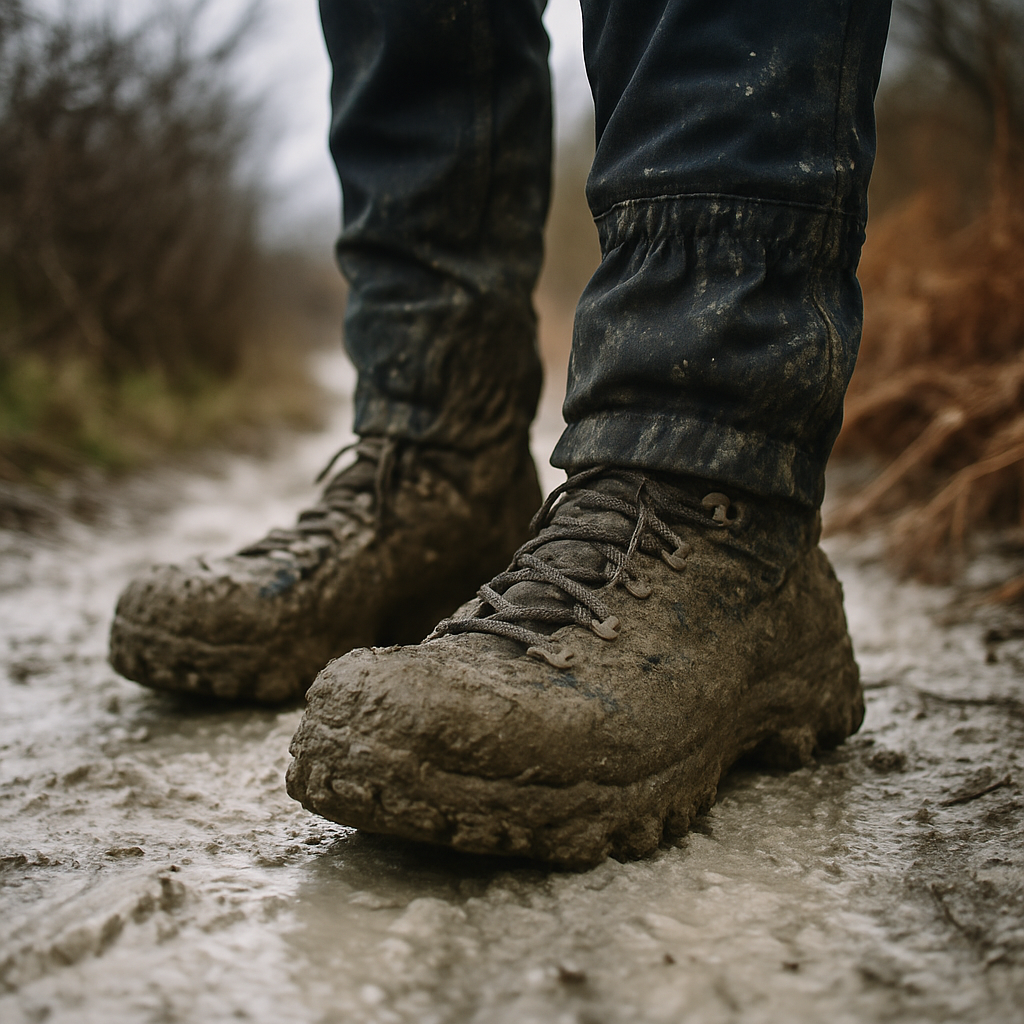 Muddy hiking boots on a chalk path during South Downs Way winter walking