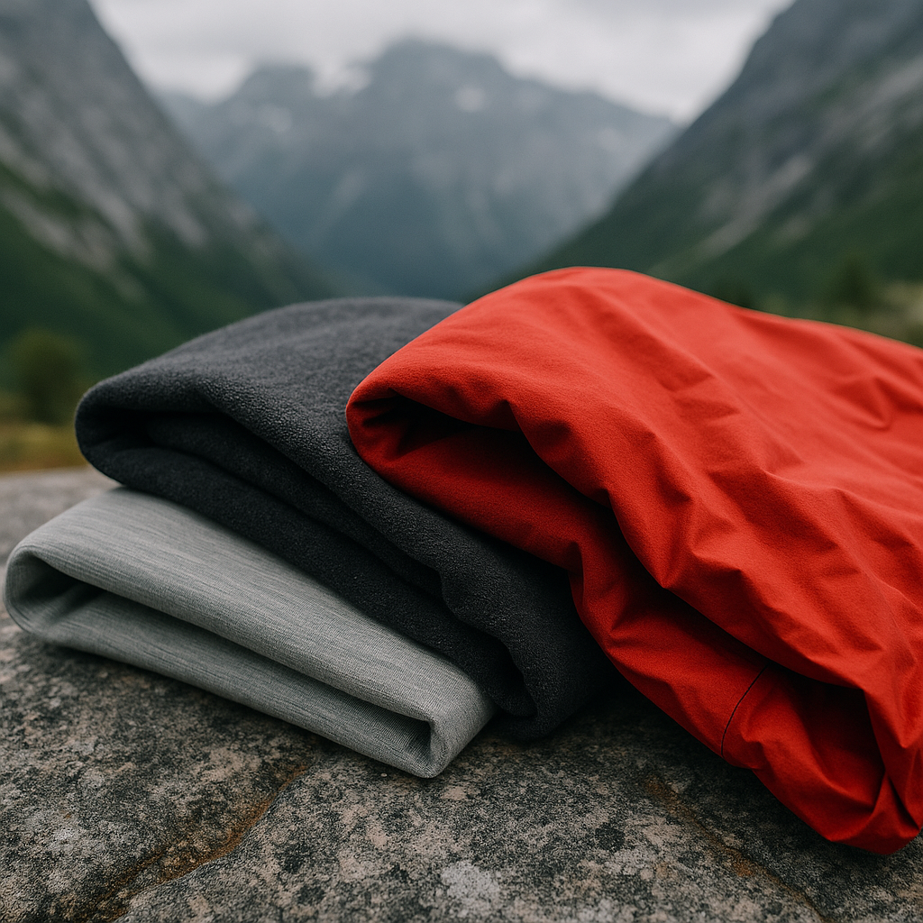 Three layers of the layering system for cold weather hiking laid out on mountain rock showing base, mid and outer layer