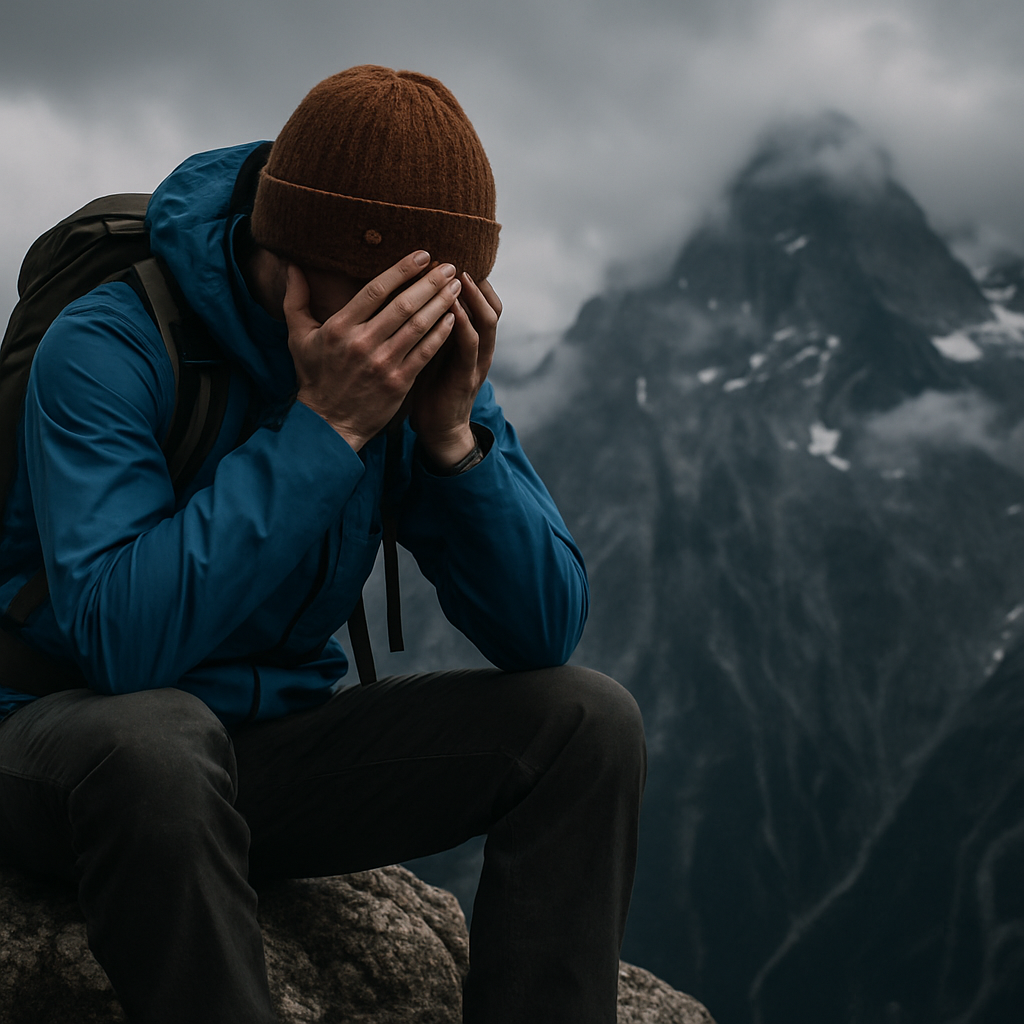 Trekker resting on rocks at altitude experiencing altitude sickness symptoms