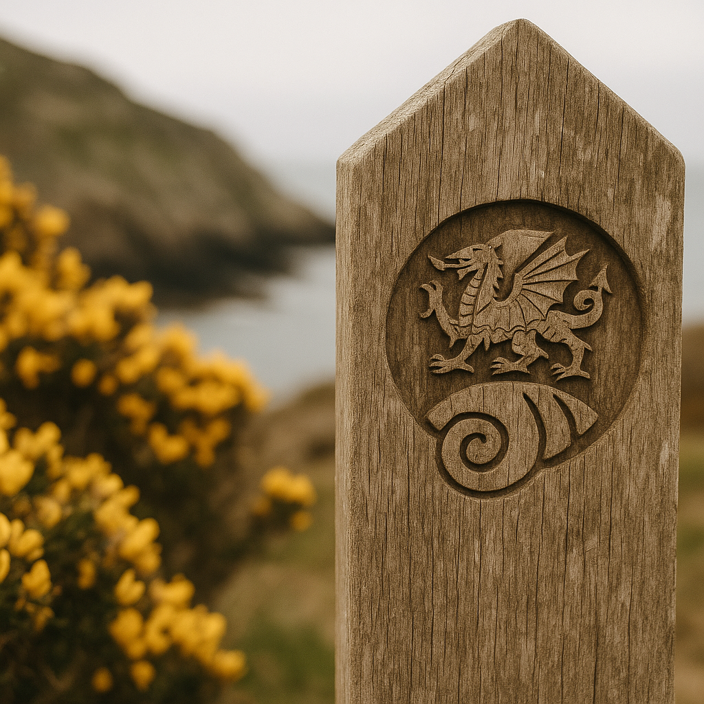 Wales Coast Path waymarker sign on clifftop trail, detail shot for coastal walks in Wales