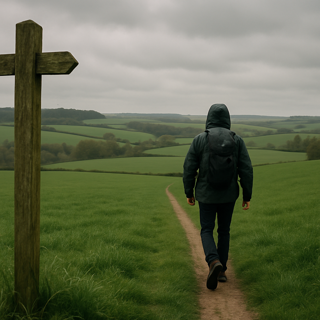 Walker following a public right of way footpath through English farmland with a waymarker post