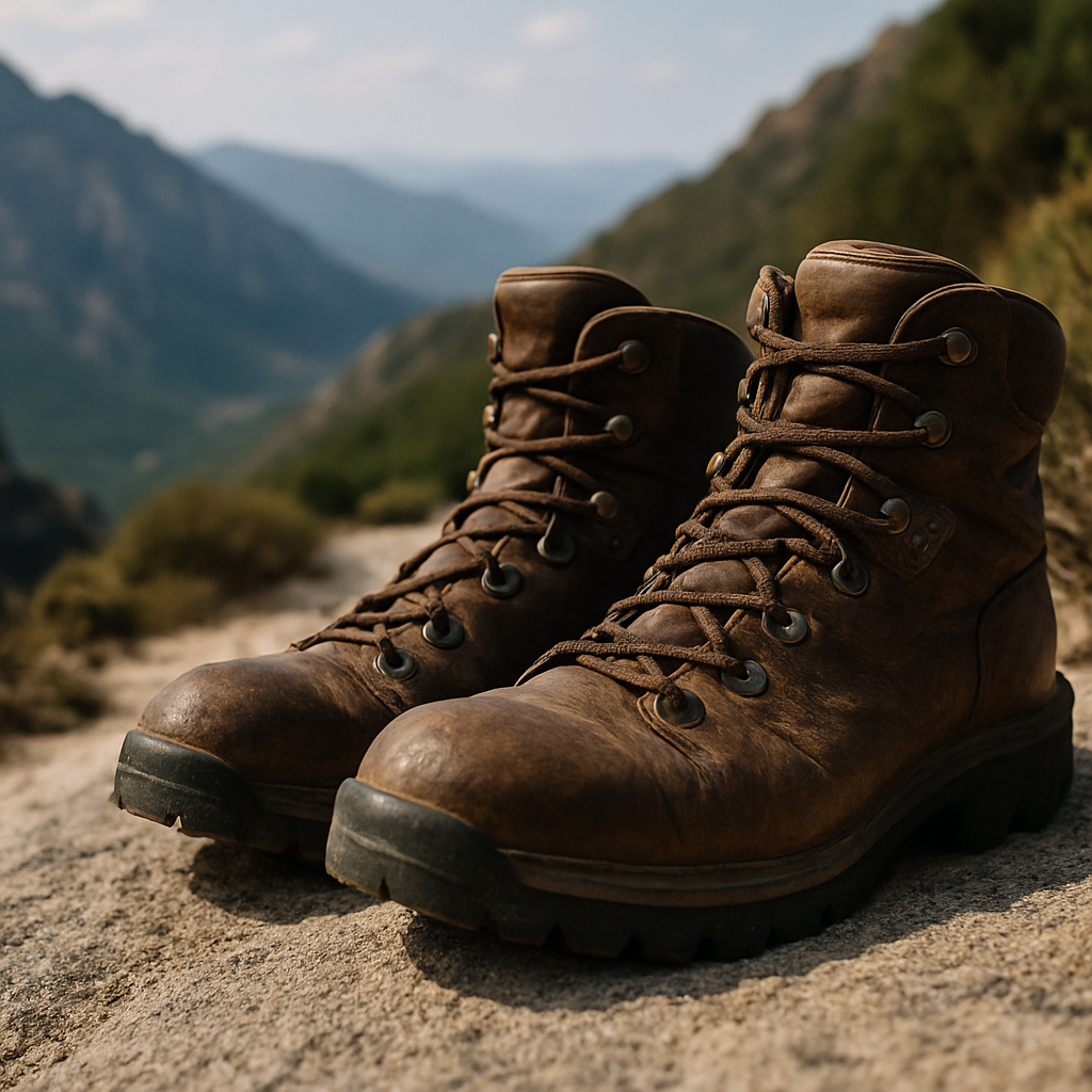 Worn hiking boots on a granite trail representing the challenge of long distance walking routes in Europe