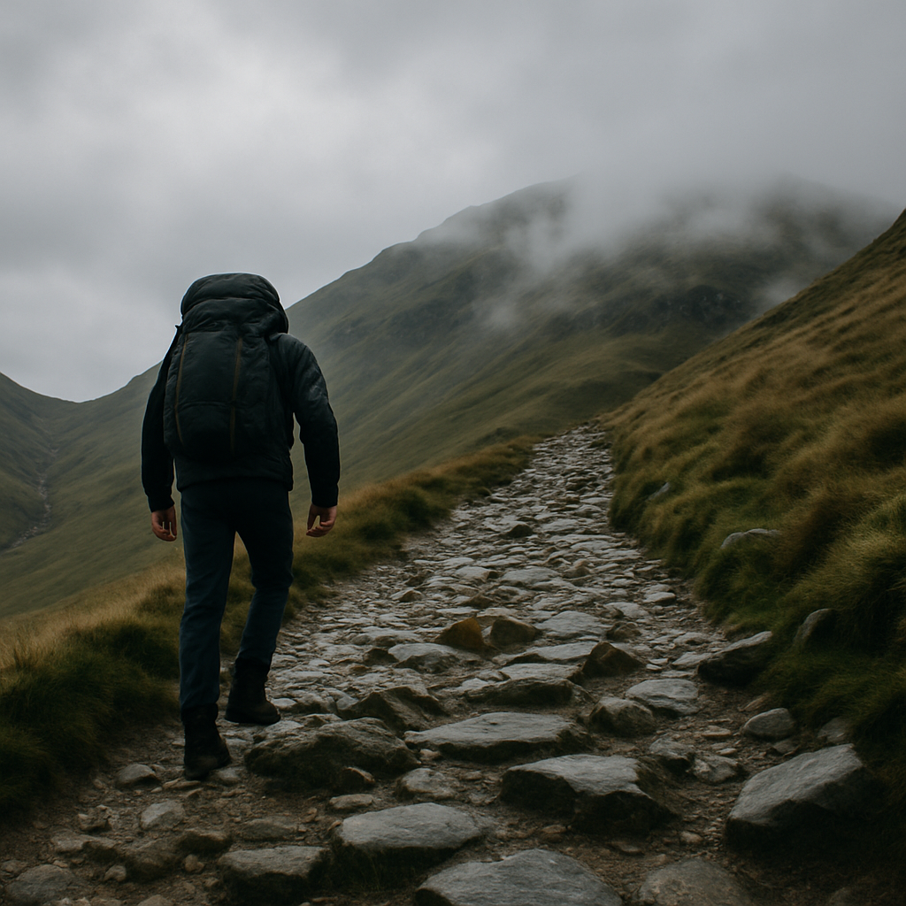 Hiker with heavy pack ascending a steep Lake District fell, illustrating how far can you hike in a day UK mountain terrain