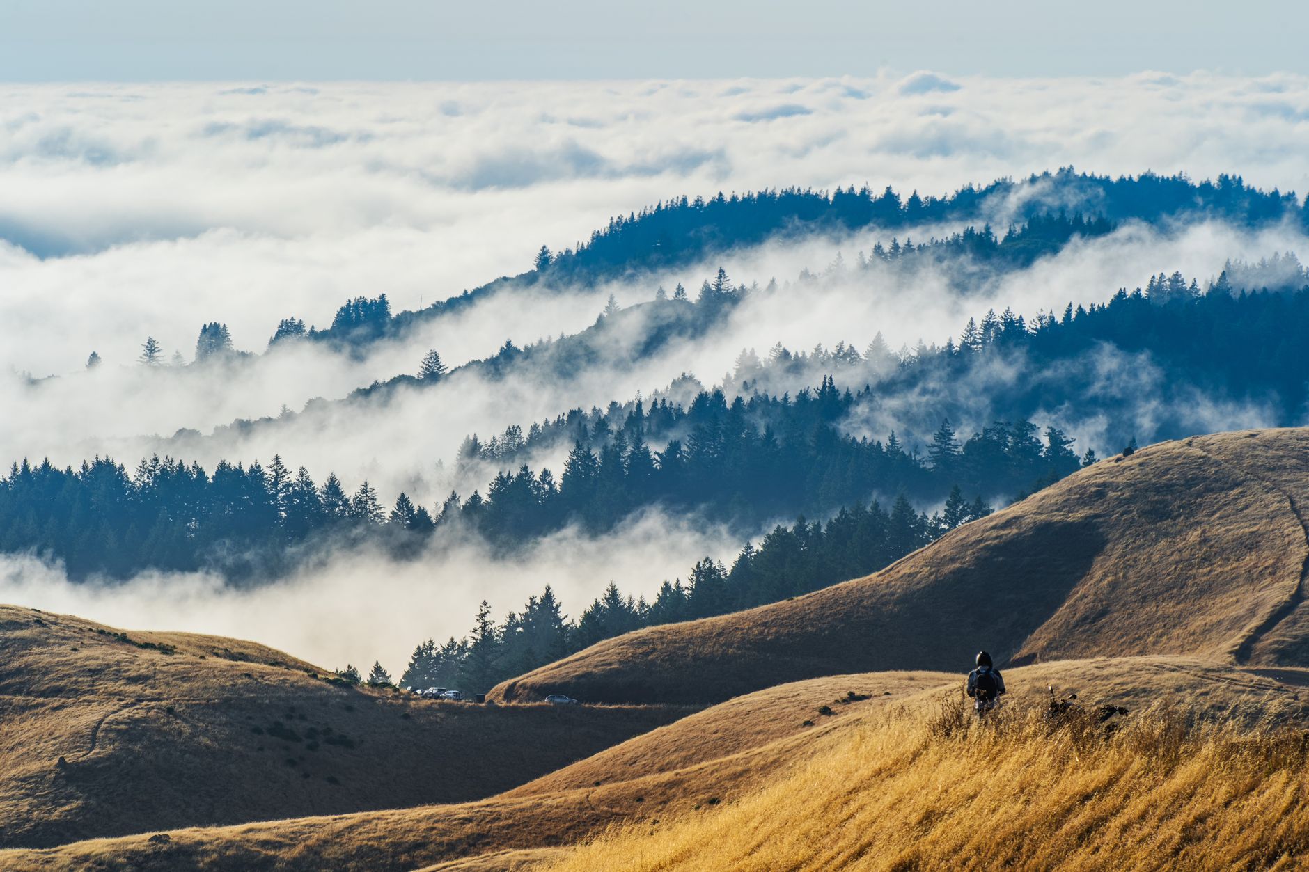 Hiker using a compass for navigation in fog on UK hills